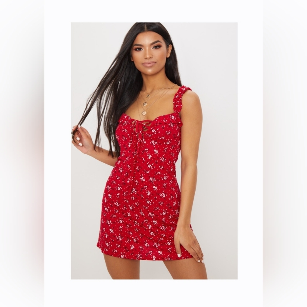 PrettyLittleThing Red Floral Mini Dress